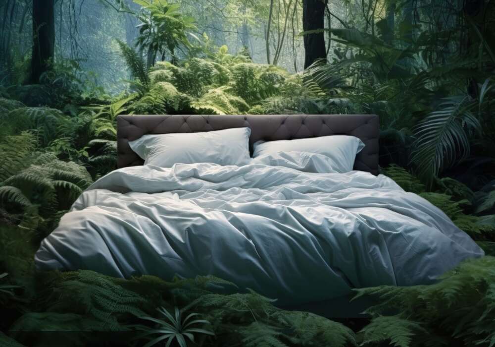 there is a bed in the forest, the concept of pleasant dreams and clean air, freedom sleep, by ai generative