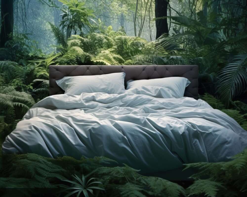 bed with white bedding in the forest there is a bed in the forest, the concept of pleasant dreams and clean air, freedom sleep, by ai generative